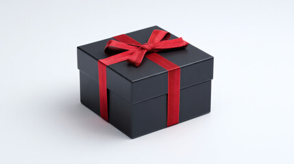 Elegant black gift box tied with a vibrant red ribbon on a white background.