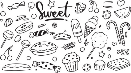 Sweet Treats Doodle Vector – Ice Cream, Cake, Lollipop, Candy, Cupcake, Hand-Drawn, Dessert Sketch, Delicious, Sugar, Baking, Fun, Sweets, Line Art, Whimsical, Black and White