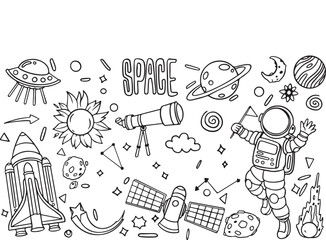 Space Elements Doodle Set &ndash; Planet, Rocket, Stars, Galaxy, UFO, Hand-Drawn, Cosmic, Science, Solar System, Universe, Line Art, Spacecraft, Saturn, Exploration, Fantasy Sky
