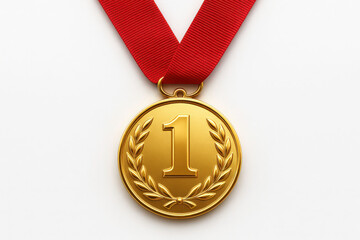 gold shiny first place medal with red ribbon band isolated on white