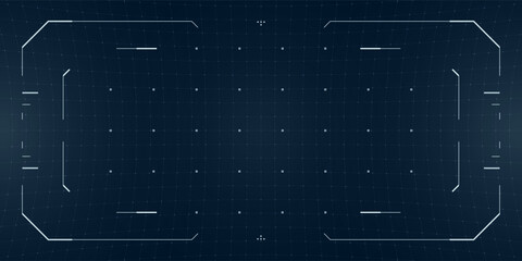 Futuristic cyberpunk HUD overlay with glowing target reticle, glitch effects and digital frame. Tactical interface blends VR, drone cam and sci fi elements on a blue tech blueprint background.