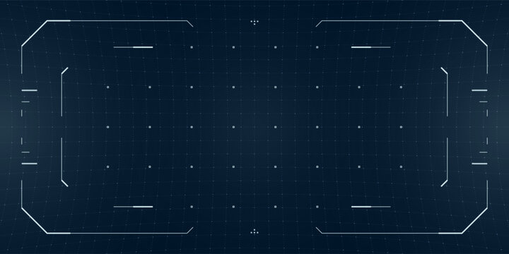 Futuristic cyberpunk HUD overlay with glowing target reticle, glitch effects and digital frame. Tactical interface blends VR, drone cam and sci fi elements on a blue tech blueprint background.