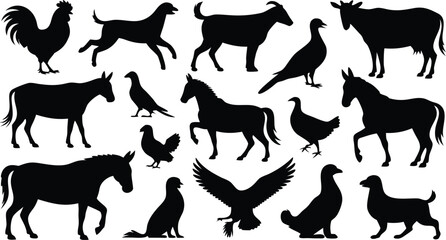 Farm Animals and Birds Silhouettes Illustration Rooster, Horses, Dog, Goat, Cow, Eagle