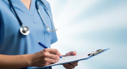 Medical Professional Writing on Clipboard with Stethoscope, Light Blue Background
