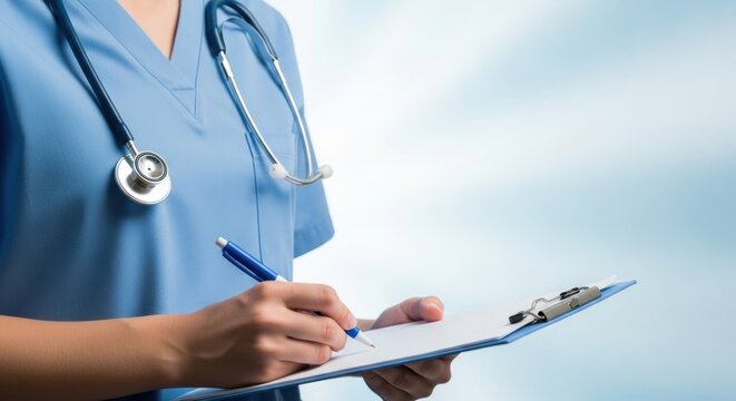 Medical Professional Writing on Clipboard with Stethoscope, Light Blue Background