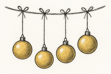 hand drawn golden christmas balls hanging on rope isolated on white