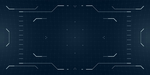 Cyberpunk HUD overlay in techno palette with glitchy radar and crosshair interface. Digital camera view layered with reticle display and blueprint system grid.