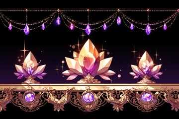 Three crystal lotus flowers with purple gemstones on top, hanging from an ornate gold chain above the frame