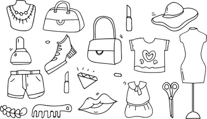 Fashion and Beauty Doodle Set – Bag, Lipstick, Dress, Makeup, Shoes, Clothes, Sketch, Hand-Drawn, Black and White, Style, Accessory, Wardrobe, Trend, Feminine, Fashion Icon