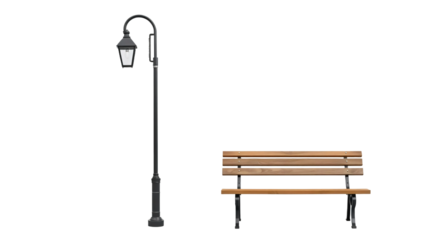Street lamp with bench in a park isolated on transparent background