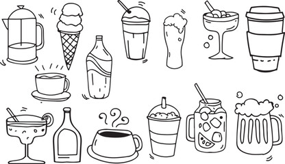 Cold Drink and Bottle Doodle Set – Soda, Juice, Water, Beverage, Cup, Hand-Drawn, Sketch, Black and White, Bottle Icon, Drinkware, Ice, Refreshment, Glass, Minimal, Summer Drink
