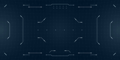 FPV drone HUD with recording interface and digital distortion. Futuristic cybersport monitor in black and blue with glowing reticle and glitch overlays. © Azat Valeev