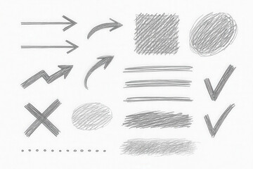  illustration hand drawn sketch pencil drawing many different elements set, graphic vector pen scribble icons arrow, texture, underline, cross, correct, isolated on white