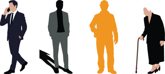 Silhouette Illustrations Diverse Age Group Representing Businessman, Professional, Construction Worker, and Senior Woman on White