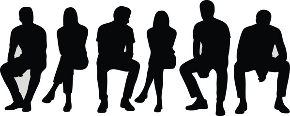 Silhouette Illustration Six People Sitting on Chairs, Isolated on White Background, Unisex Figures