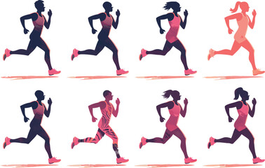 Silhouette Illustration of Men and Women Jogging in Pink and Purple Athletic Gear