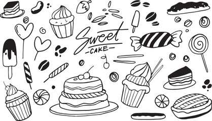 Sweet Desserts and Bakery Doodle Vector – Cake, Candy, Donut, Cupcake, Lollipop, Muffin, Sugar, Sweet, Baking, Pastry, Dessert, Treat, Food, Delicious, Illustration