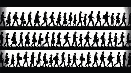 Silhouetted People Walking in Rows A Diverse Group of Individuals in Motion, Black and White