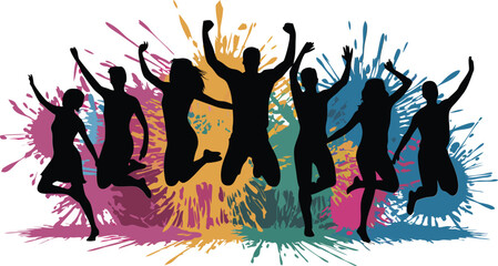 Silhouetted Group of People Jumping in Joyful Celebration with Colorful Abstract Paint Splashes Background
