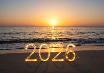 Sparkling 2026 numbers on a beach during sunset
