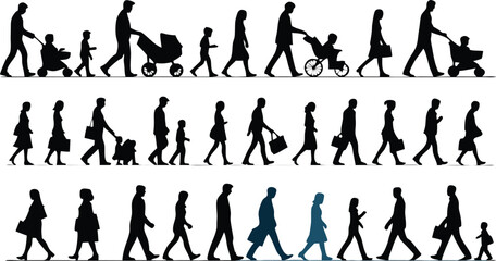 Walking People Silhouettes Diverse Crowd Illustration with Families, Business Professionals, and Individuals