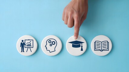 A finger presses a graduation cap symbol, representing educational goals, alongside symbols of learning, knowledge, and training on a light blue background.