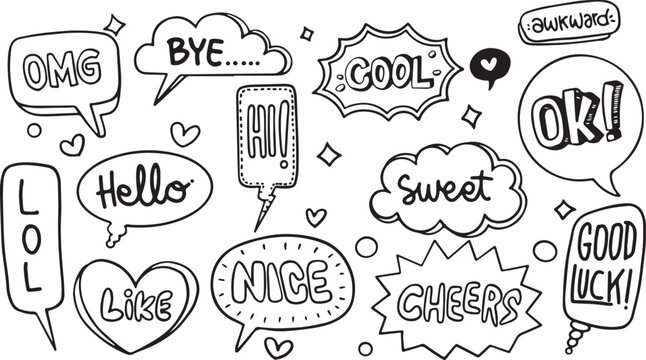 Speech Bubble and Words Set &ndash; Comic Bubbles, Sweet, Bye, Hello, Cool, Reaction Words, Hand-Drawn, Sketch, Black and White, Expression, Typography, Line Art, Emoji Words, Text Art