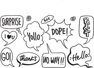 Fun Comic Speech Bubble Set – Yolo, Dope, Surprise, Pop Art, Handwritten, Expression, Black and White, Doodle, Sketch, Comic Text, Reaction Words, Funny, Fun Font, Wow, Emote