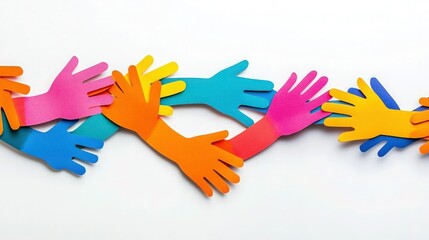 Colorful Paper Hands Holding Each Other Symbolizing Unity and Diversity on White Background.

