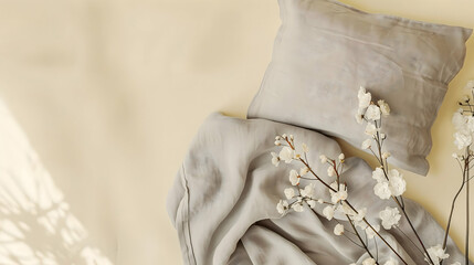 Obraz premium Cozy linen bedding with white flowers and soft shadows.
