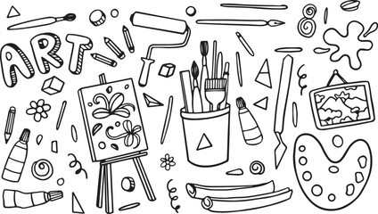 Art Tools Doodle Vector – Brush, Pencil, Pen, Paint, Sketch Pad, Hand-Drawn, Black and White, Studio, Artist Tools, Minimal, Doodle Style, Creativity, Drawing Set, School Tools