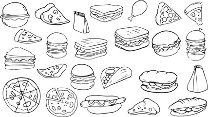 Fast Food Doodle Vector Set – Burger, Sandwich, Pizza, Snack, Hand-Drawn, Black and White, Sketch, Minimalist, Tasty, Lunch, Junk Food, Meal Icon, Line Art, Doodle Art, Foodie