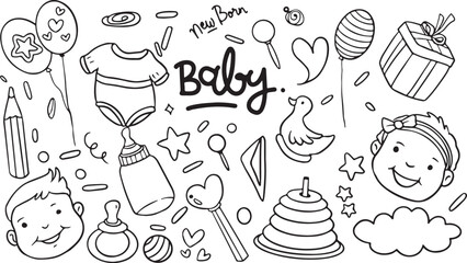 Baby Shower Party Doodle Vector – Newborn, Bottle, Cake, Heart, Star, Moon, Toys, Baby Girl, Baby Boy, Infant, Gift, Love, Celebration, Parenthood, Event