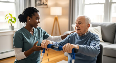 Elderly man using walker with assistance from healthcare worker in home setting near window and plant