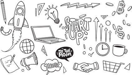 Startup Idea Doodle Vector – Laptop, Innovation, Lightbulb, Growth, Plan, Teamwork, Tech, Creativity, Business, Launch, Productivity, Brainstorm, Entrepreneur, Office, Work