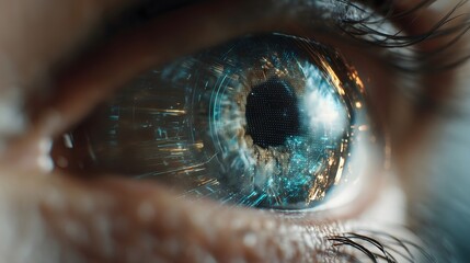Human eye reflecting futuristic data visualization and glowing interface, concept of advanced technology and modern science potential.
