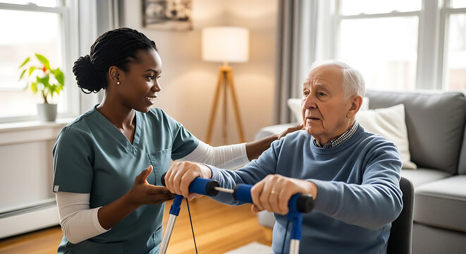 Elderly man using walker with assistance from healthcare worker in home setting near window and plant
