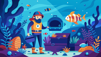 A man in a yellow life jacket is holding a container with a fish in it. The scene is set underwater with a variety of fish swimming around