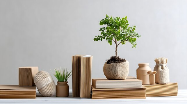 Young green tree sprouting from recycled paper and books with eco-friendly supplies, symbol of nurturing sustainable knowledge. Concept of education and ecology.