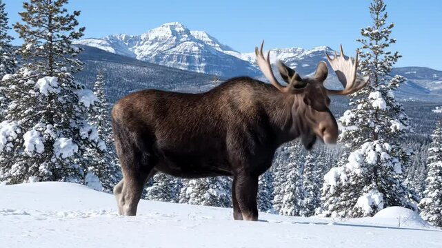 A moose stands in a snowy landscape with mountains and trees in the background