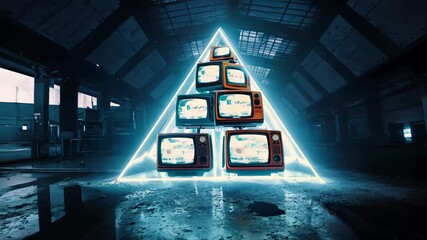 Vintage TVs pyramiding inside abandoned industrial space, glowing with static interference under colored neon lighting - Powered by Adobe