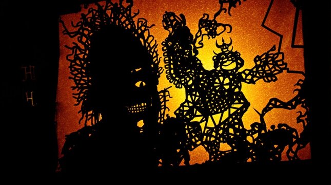 Shadow play shows a dark figure and monster silhouetted against a warm orange backdrop