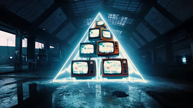Vintage TVs pyramiding inside abandoned industrial space, glowing with static interference under colored neon lighting - Powered by Adobe