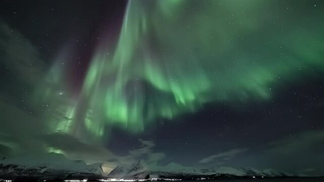 Auroras above a Norwegian fjord and snowy mountains, tilt and zoom up