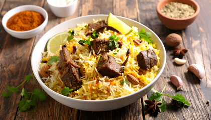 Delicious Lamb Biryani with Indian Cuisine.