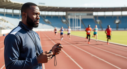 African american coach timing runners with a stopwatch on a track in a stadium on a sunny day