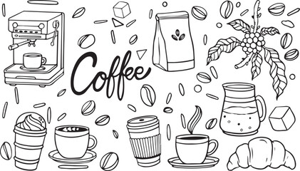 Coffee Break Doodle Icon Set – Mug, Cup, Beans, Takeaway, Steam, Sugar, Coffee Maker, Minimalist, Sketch, Black and White, Cafe, Doodle Art, Morning, Beverage, Caffeine