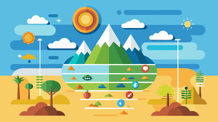 A mountain range with a blue sky and a sun in the background. The mountains are covered in trees and there is a river in the foreground