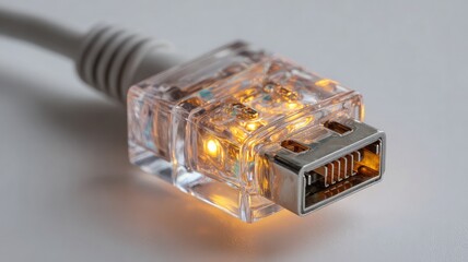 Close up of a transparent ethernet connector with illuminated amber leds