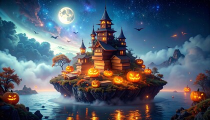 Obraz premium Generated image: Fairytale Castle Island with Halloween Pumpkins Under Full Moon